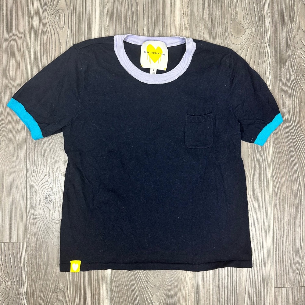 Kerri Rosenthal Navy Short Sleeve Knit Top with Colorful Color and Hems - SIZE S